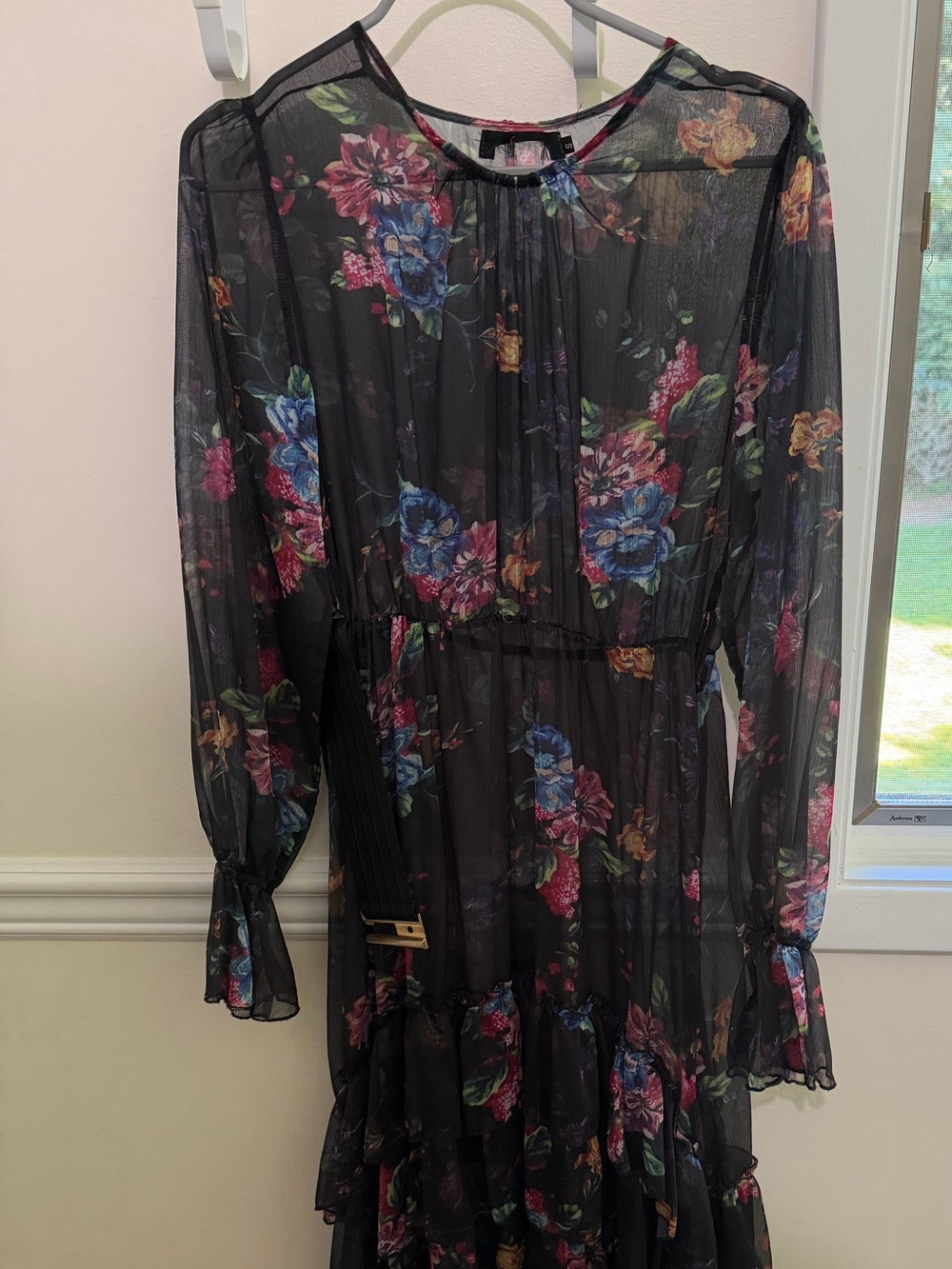 Floral Tiered Long Sleeve Midi Dress - Black Floral